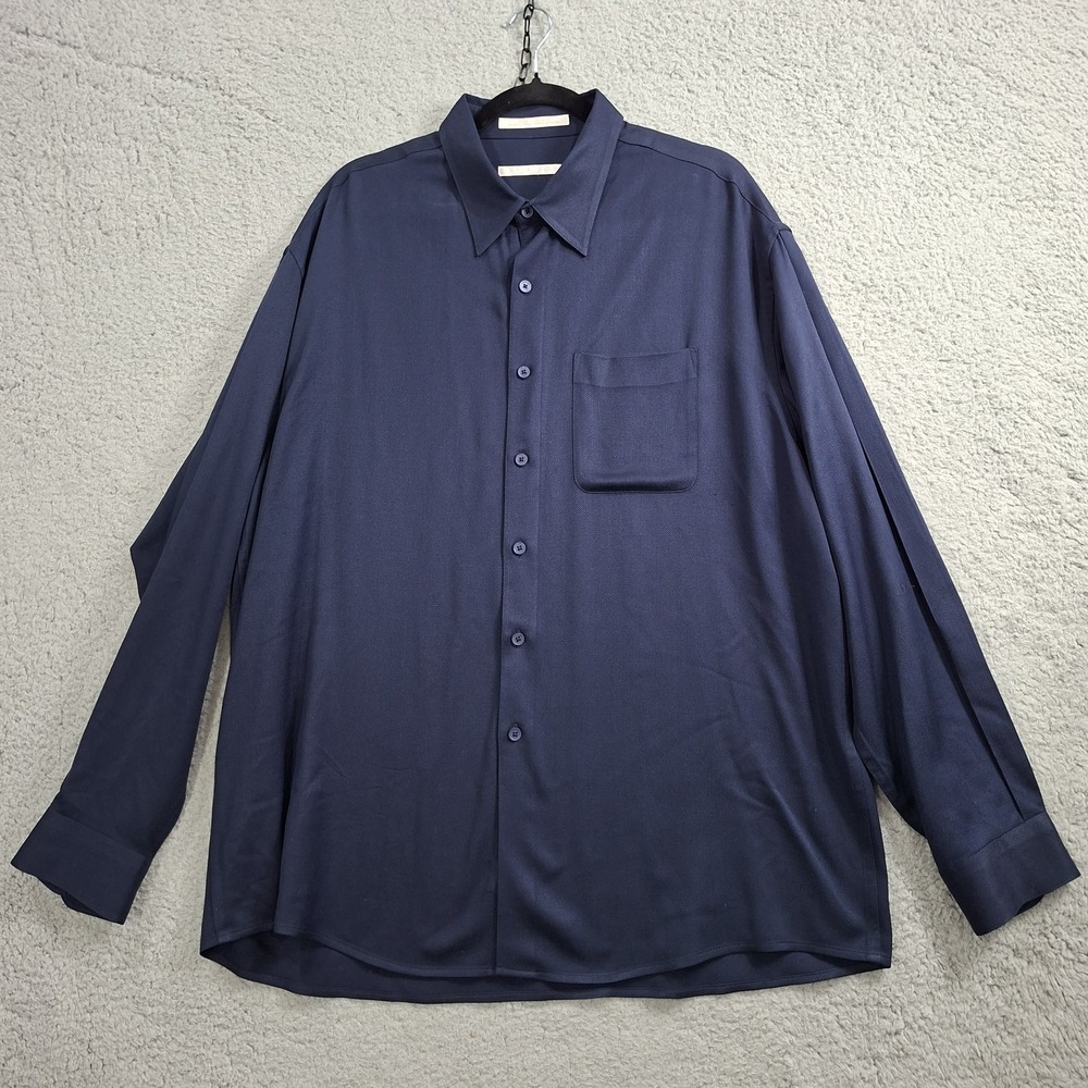 Perry Ellis Mens Dark Blue Button-Up Shirt 2XL 100% Silk Textured Classic Fit